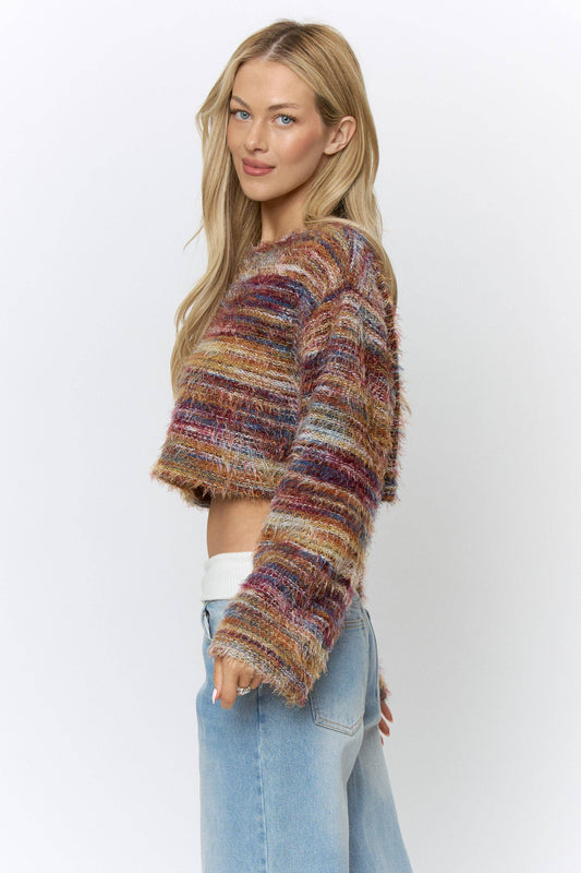 FUZZY STRIPE CROPPED SWEATER TOP