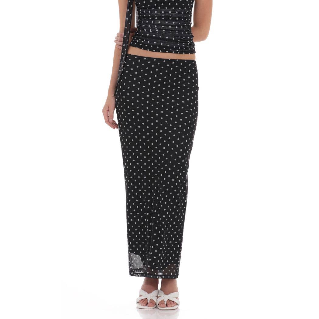 Polka Dot Mesh Pencil Maxi Skirt in Black