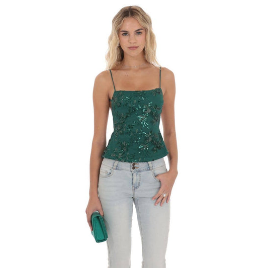 Embroidered Sequin Open back Top in Green