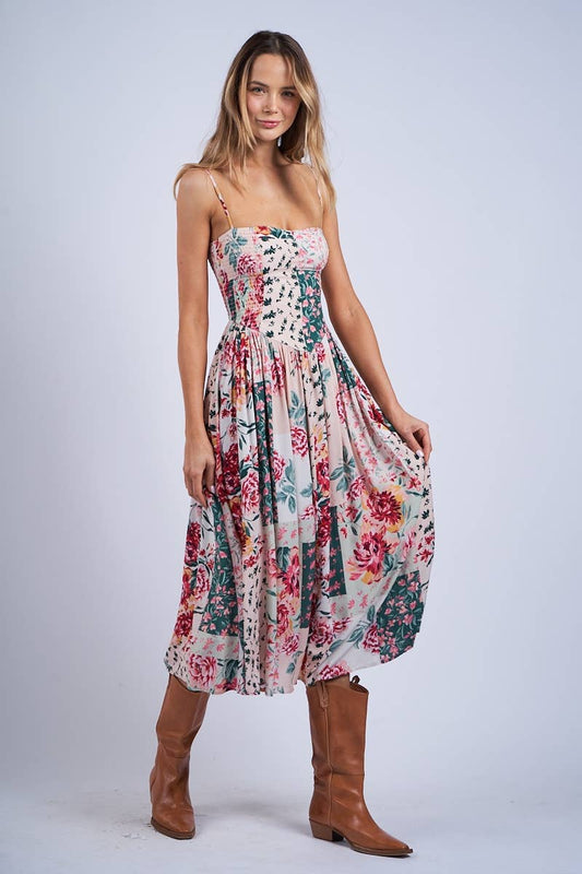 Floral Sleeveless Smocked Midi Dress