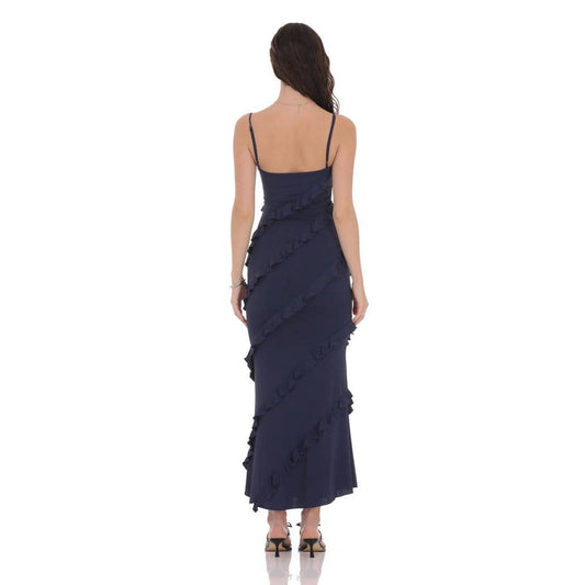 Ruffle V-Neck Maxi Dress in Navy