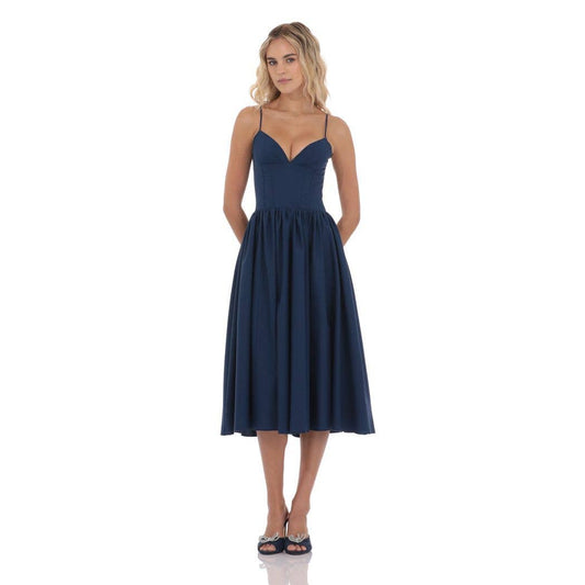 Corset V-Neck Midi Dress in Navy