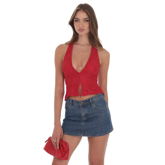 Lace V-Neck Halter Top in Red