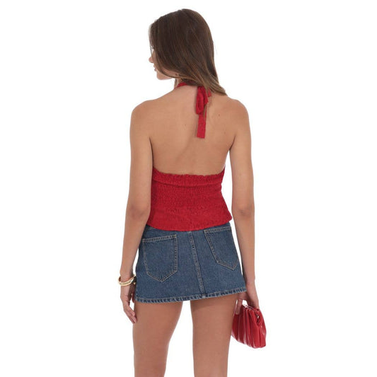 Lace V-Neck Halter Top in Red