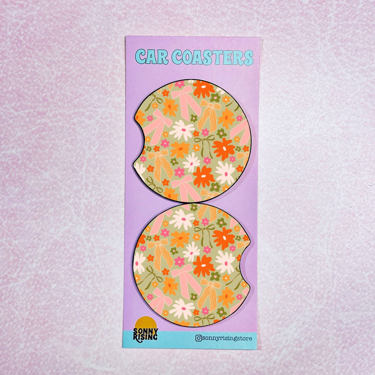 2 Car Coasters, Spring Floral Bow Pattern