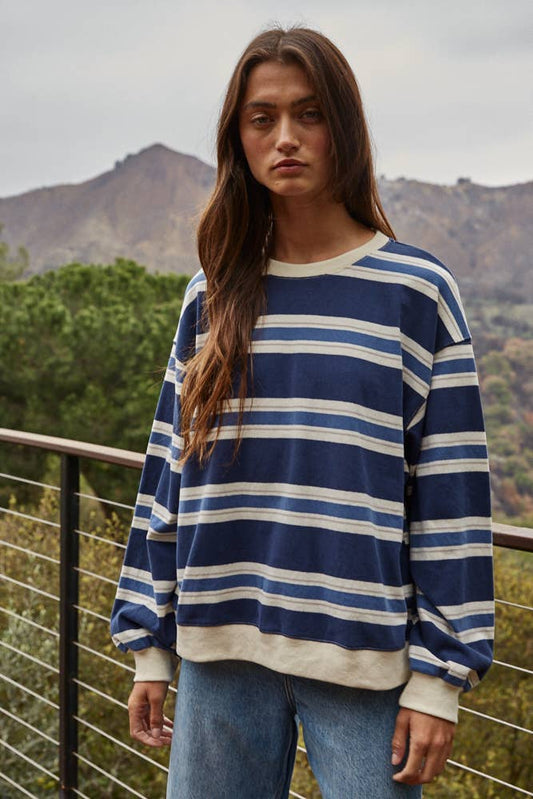 Navy Cotton Striped Crew Neck Long Sleeve