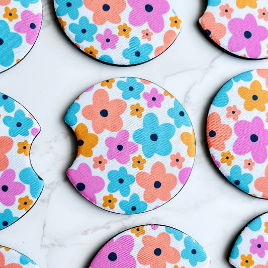 2 Car Coasters, Colorful Floral Design