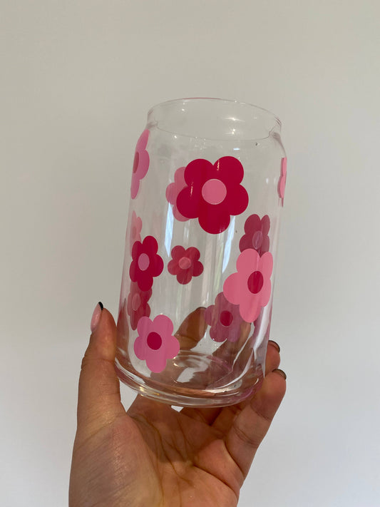 Groovy Flowers Can Glass Cup-16oz