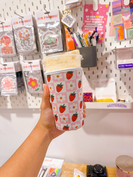 Checkered Strawberry & Daisy Coffee Sleeve