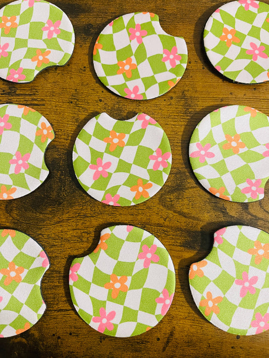 2 Car Coasters, Groovy Green Pink Daisy