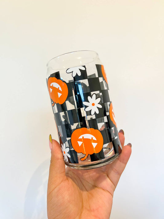 Checkered Pumpkin Can Glass Cup