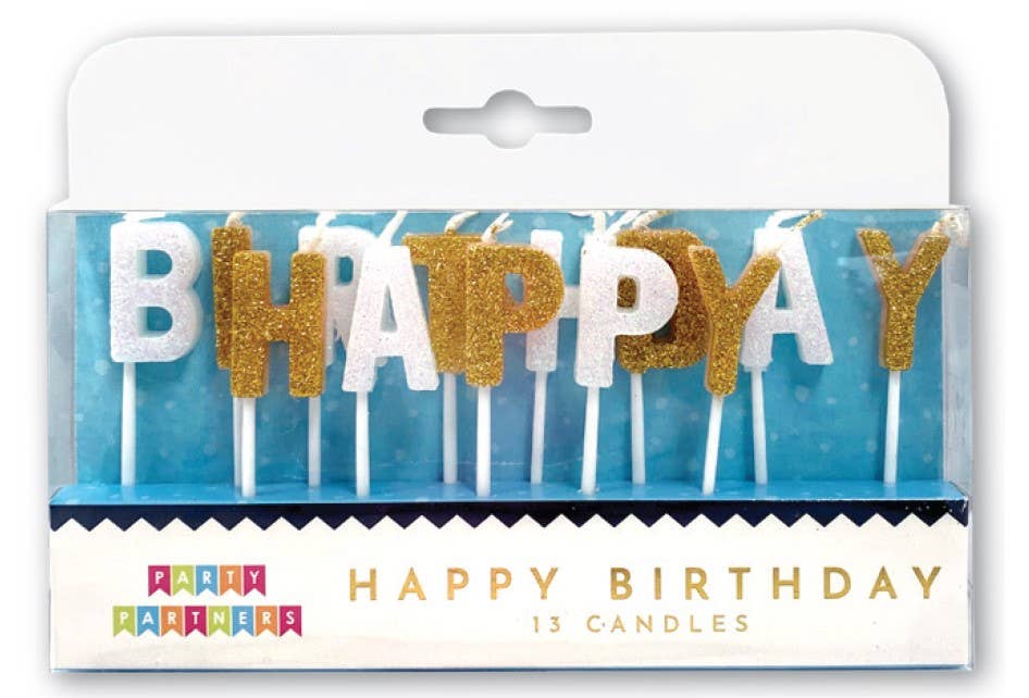 Happy Birthday Gold & White Glitter Candle Set