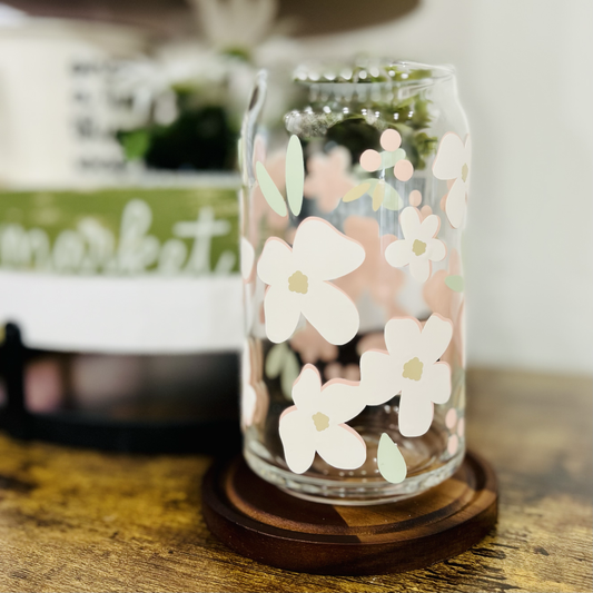 Magnolia Flower Can Glass Cup-16oz