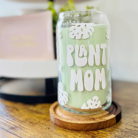 Plant Mom with Monstera Leaf Can Glass Cup-16oz