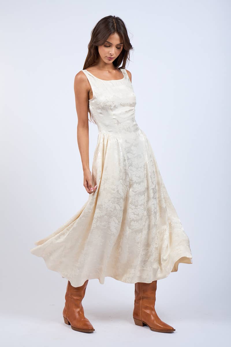 Satin Foral U-Shape Boat Neck Flare Midi Dress
