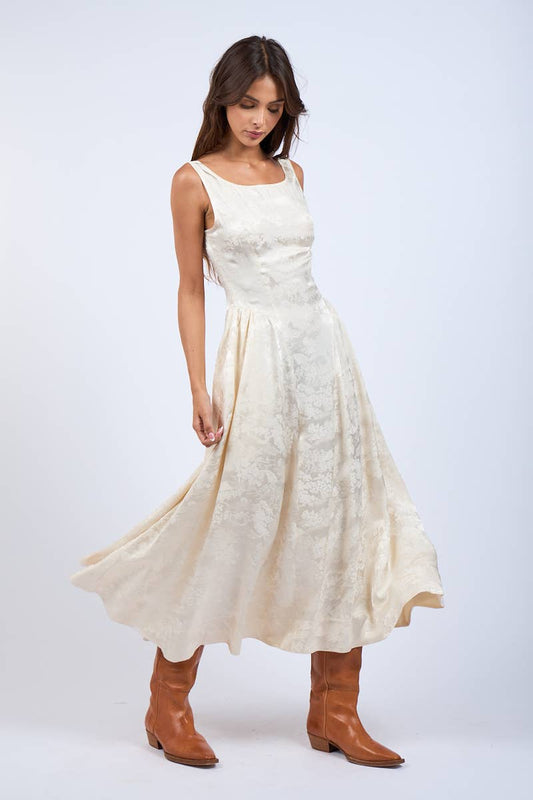 Satin Foral U-Shape Boat Neck Flare Midi Dress