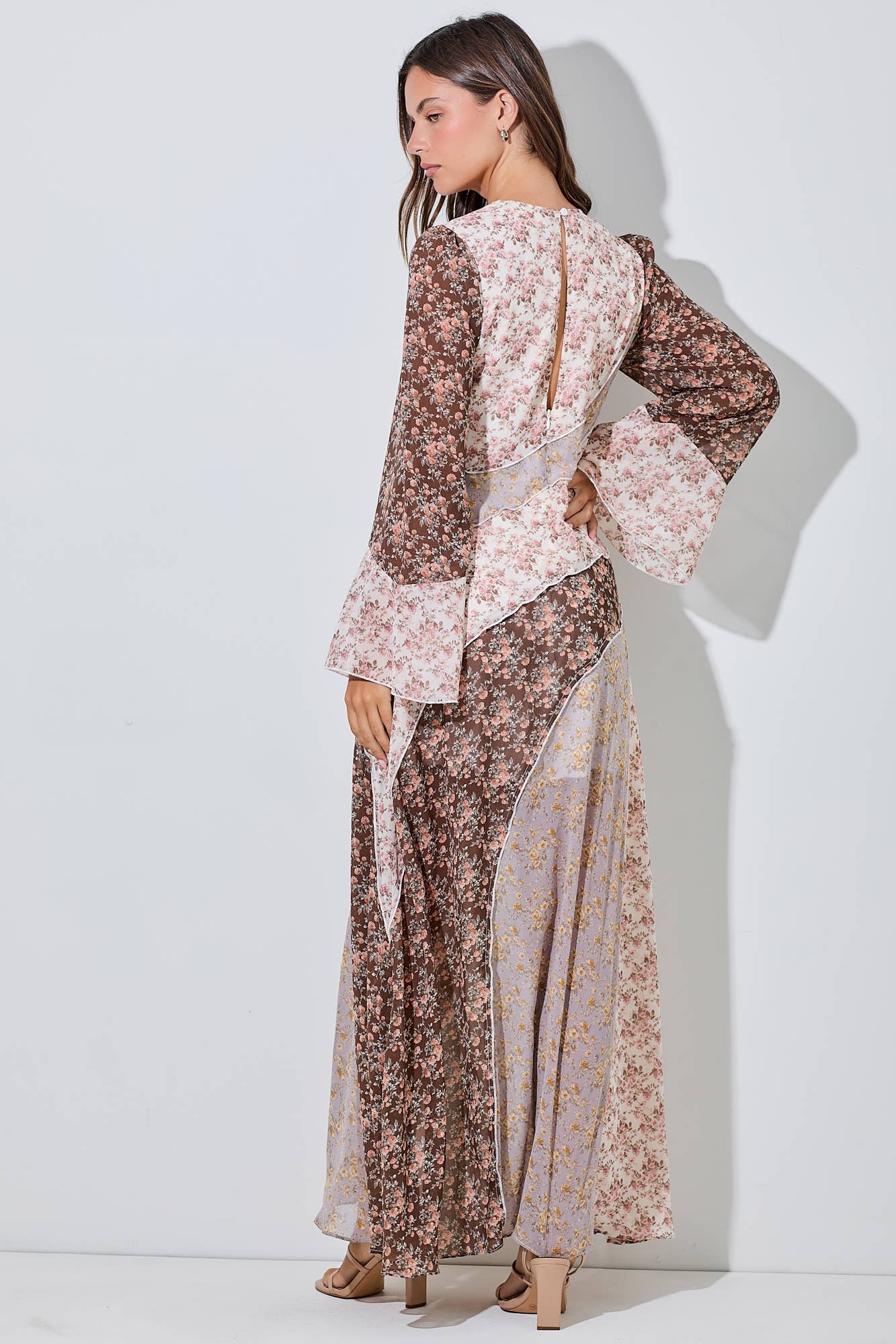 Floral Print Mix Chiffron Ruffle Maxi Dress