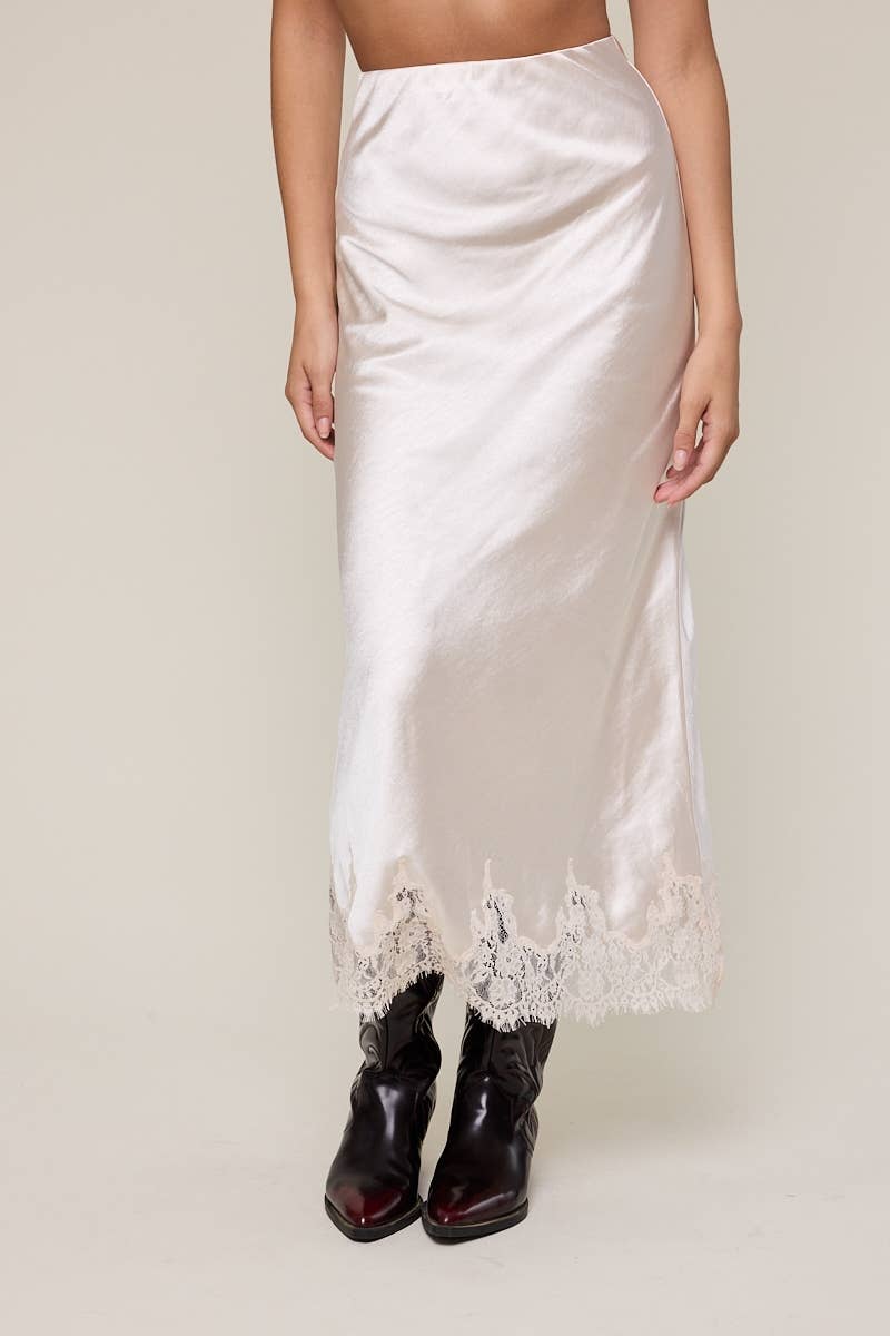 Satin Mono Tone Elastic Waist Lace Midi Skirt