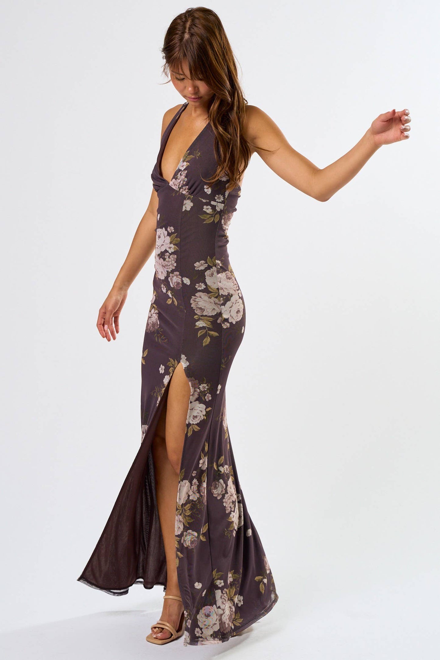 Brown Halter Neck Maxi with Slit Dress