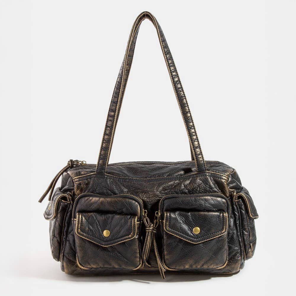 Multi Pocket Textured Leather Shoulder Bag