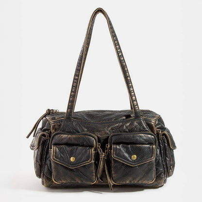 Multi Pocket Textured Leather Shoulder Bag