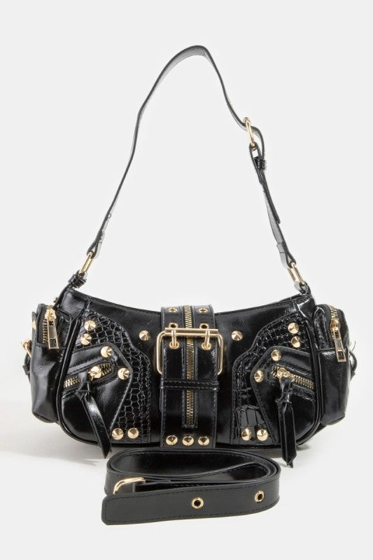 Rivet Detail Leather Shoulder Bag