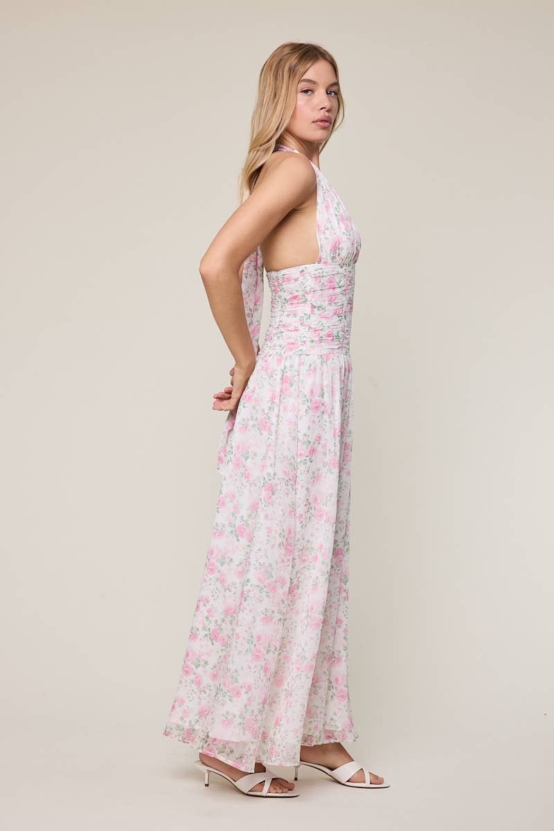 FLORAL CHIFFON HALTER MAXI DRESS
