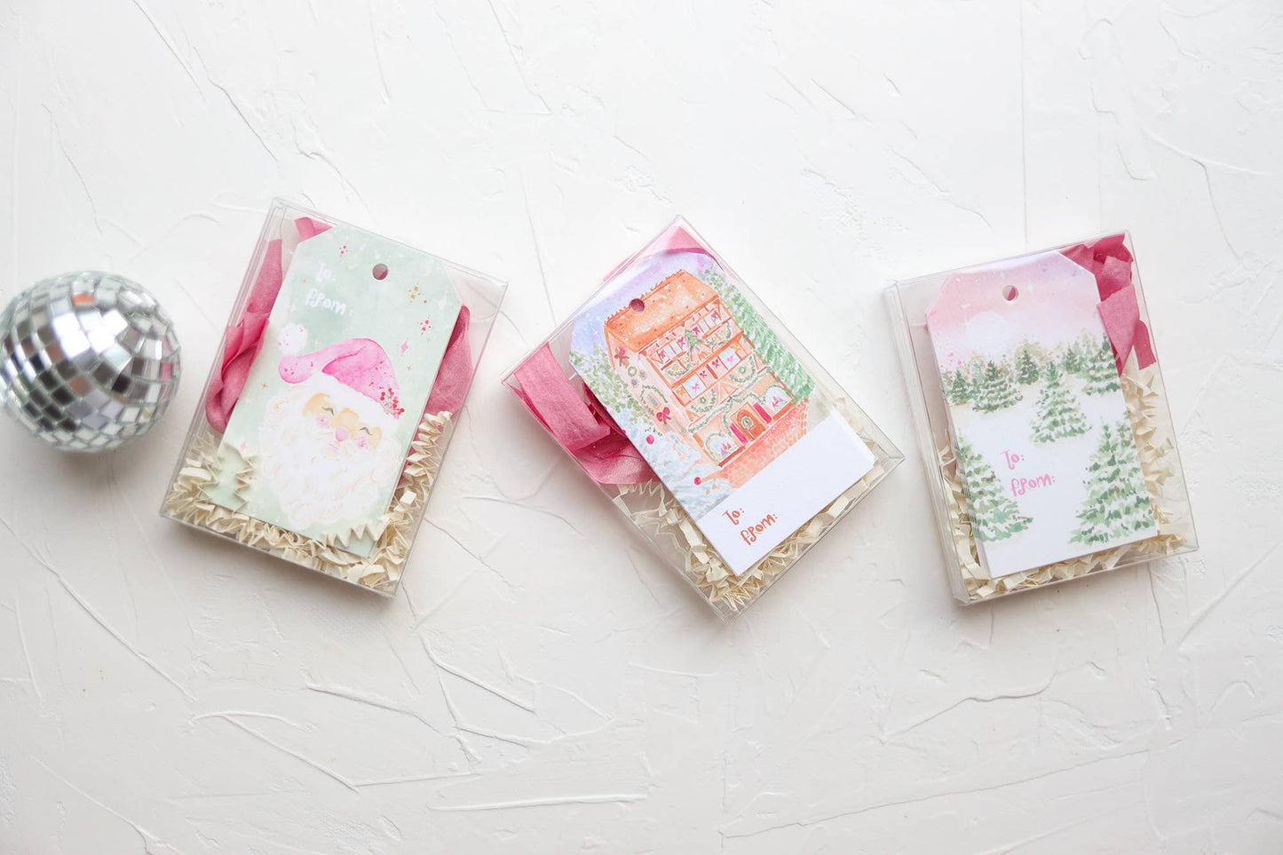 Holiday tree farm gift tag set with silk ribbon