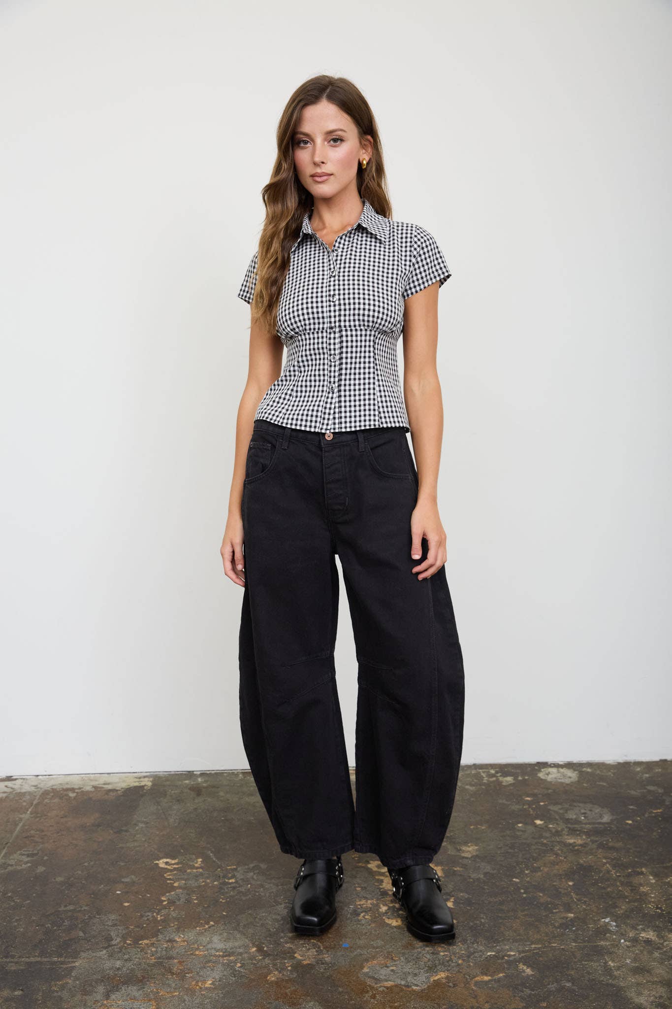 GINGHAM COLLARED SHORT SLEEVE TOP