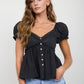 V NECK LADDER LACE PUFF SLEEVE