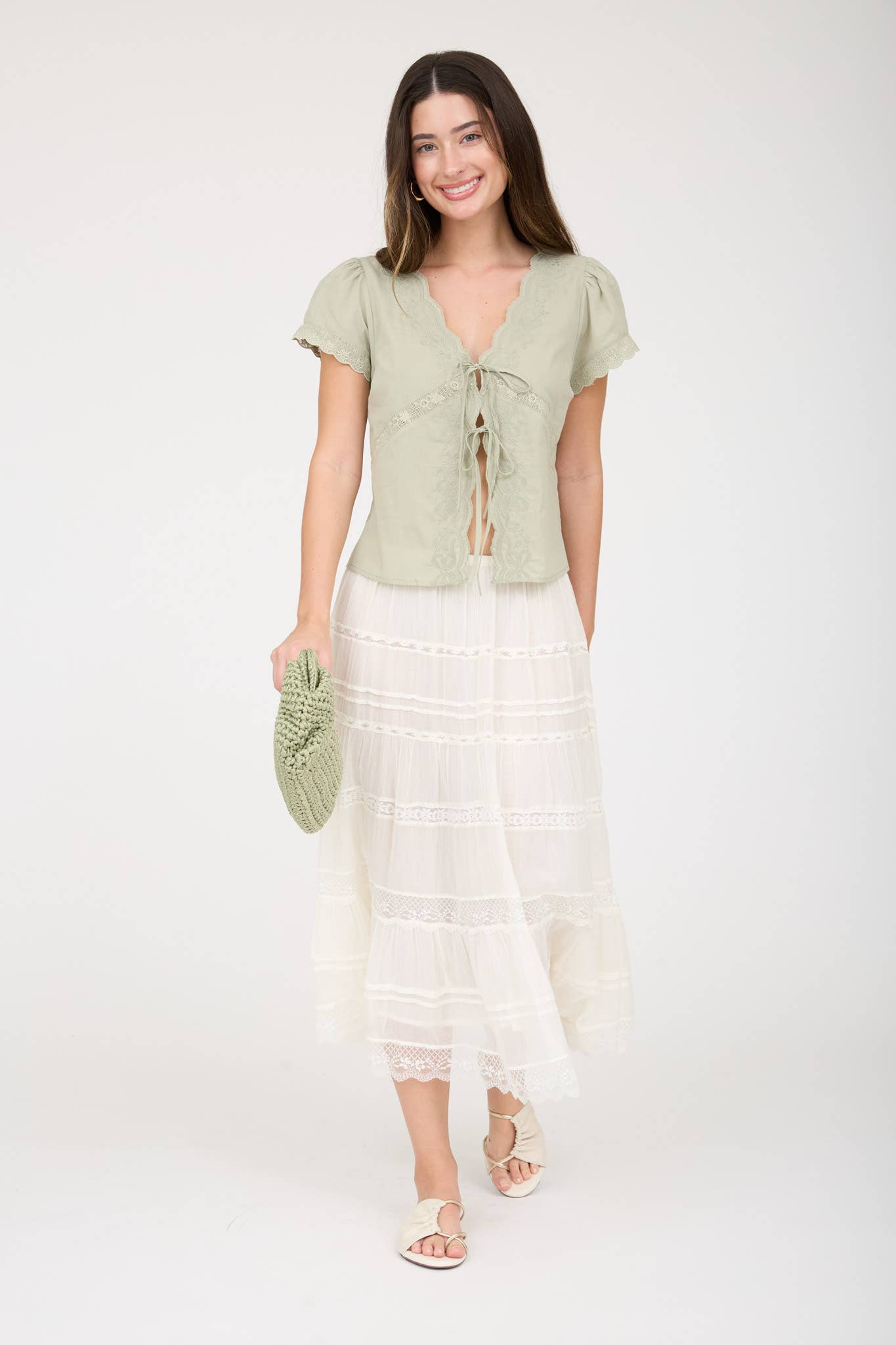 SCALLOPED EMBROIDERED FRONT TIE LACE TOP