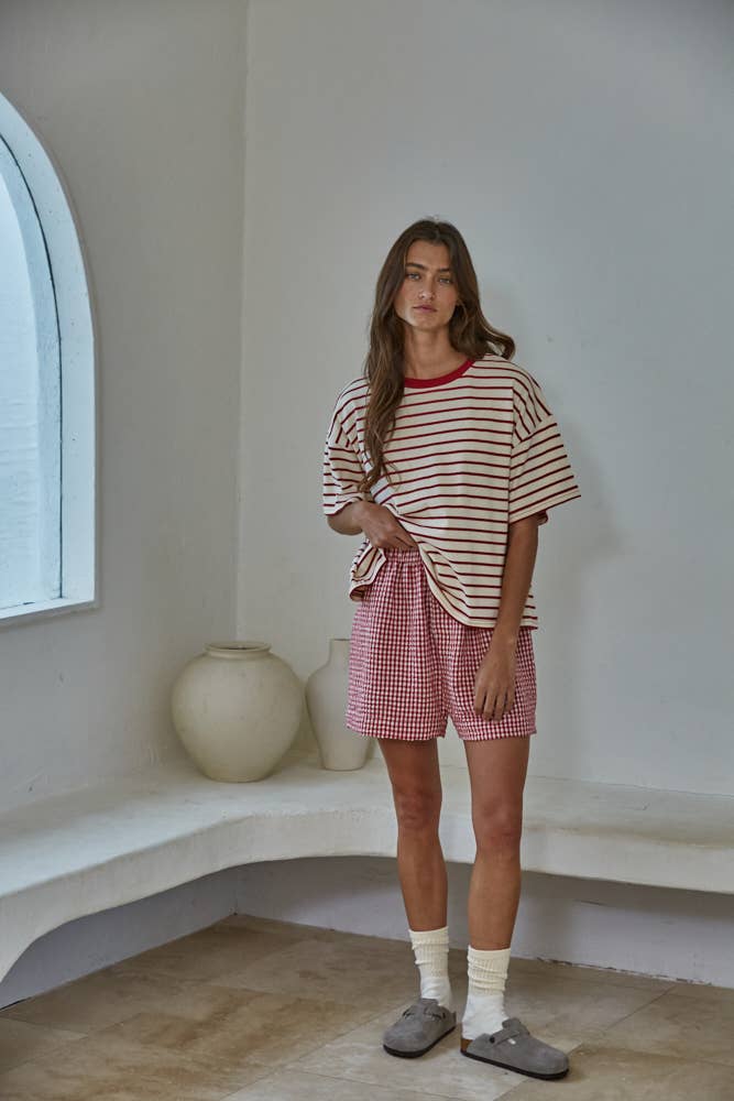 Cotton Striped Short Sleeve Crew Neck Top