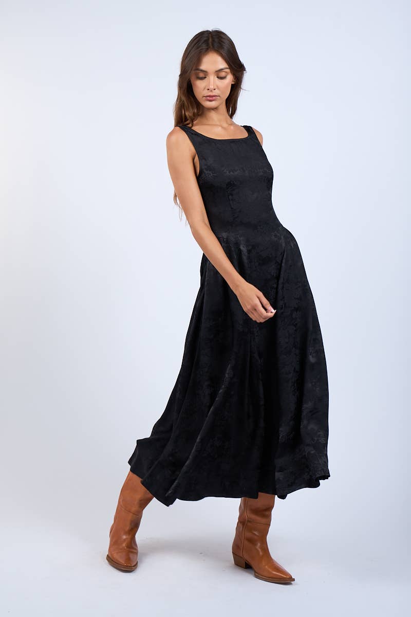 Satin Foral U-Shape Boat Neck Flare Midi Dress