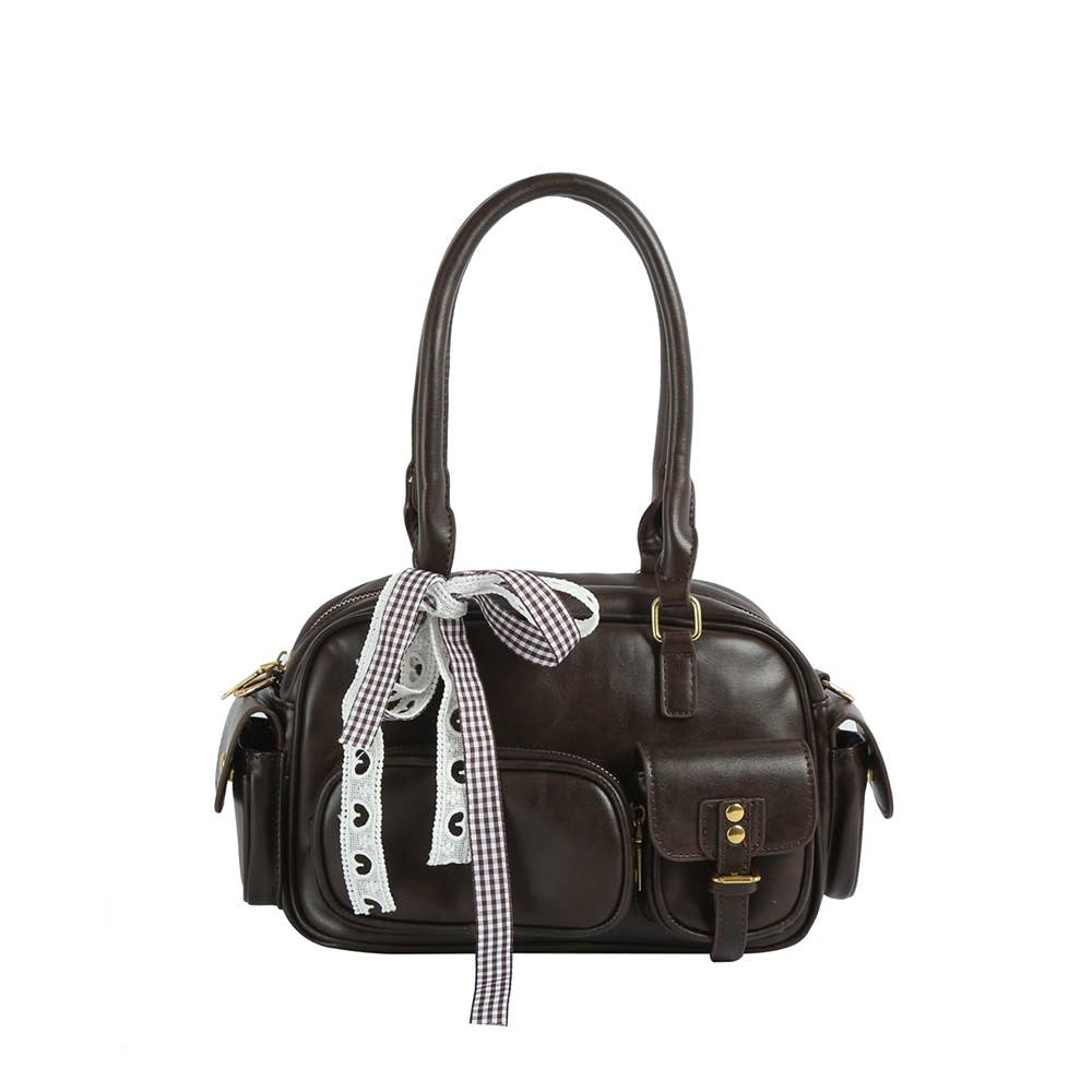 Multi Pocket Faux Leather Hand Bag With Ribbon Bow Charm
