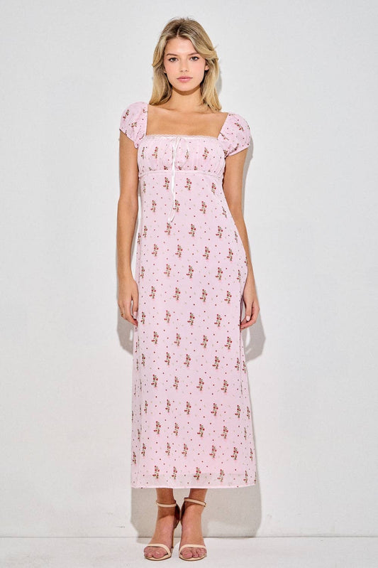 Dainty Strawberry Print Square Neck Midi Dress