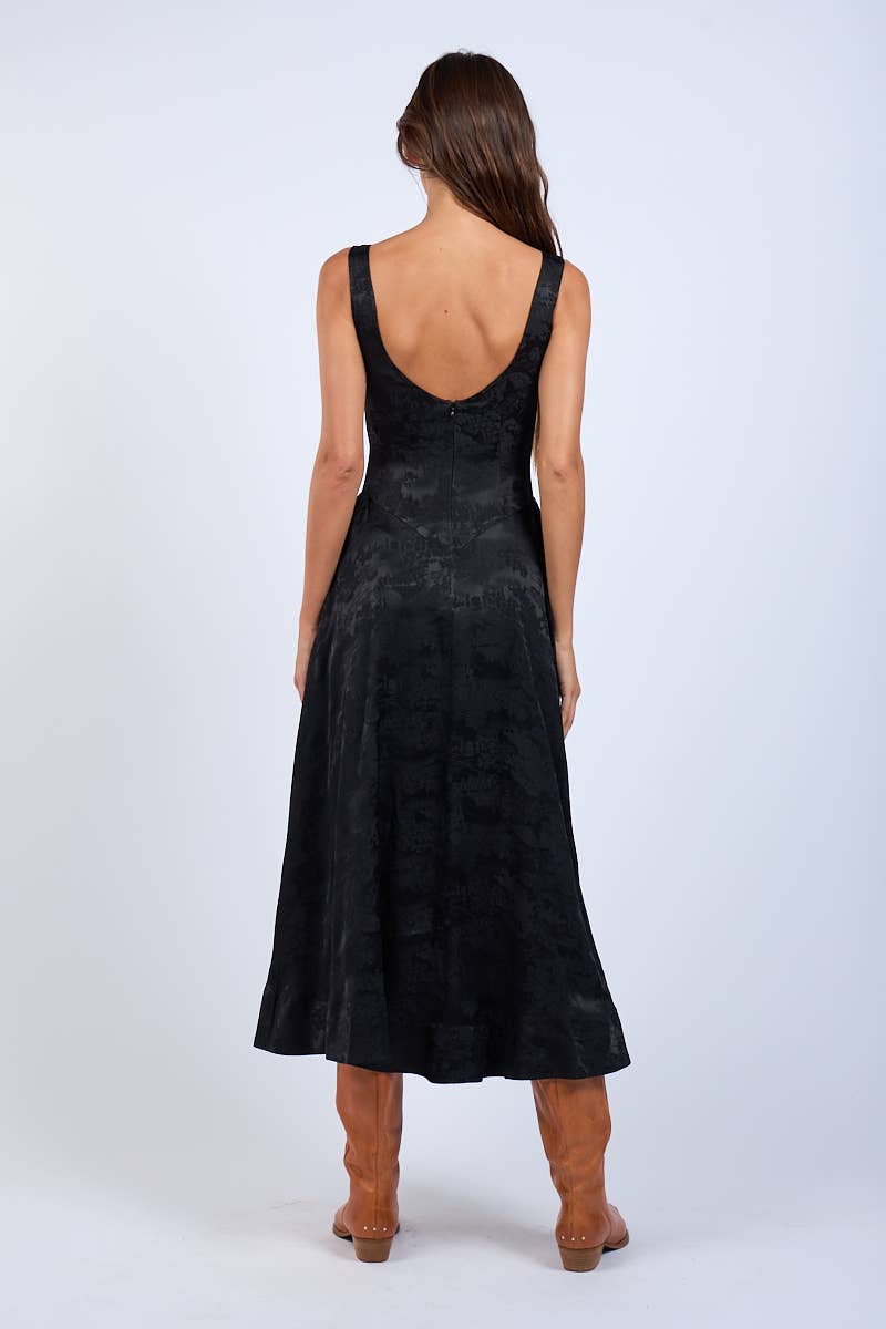 Satin Foral U-Shape Boat Neck Flare Midi Dress
