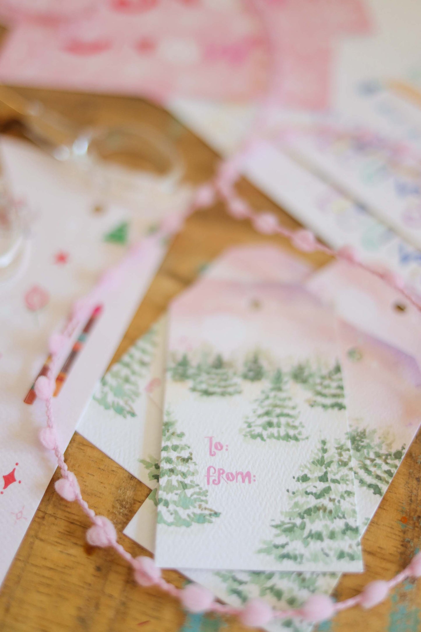 Holiday tree farm gift tag set with silk ribbon