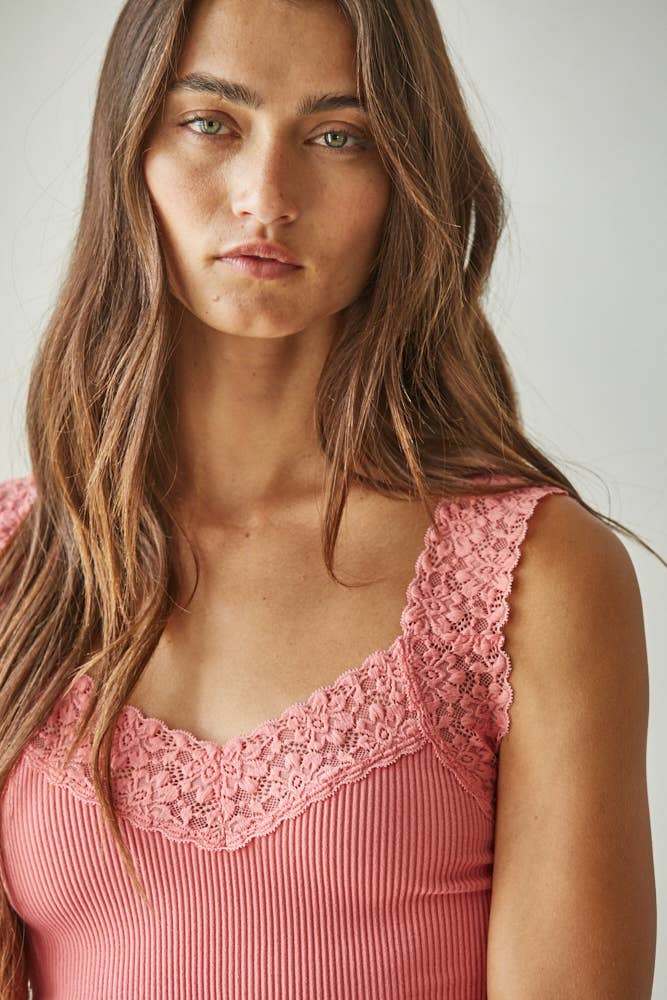 Knit Seamless Ribbed Tank Top with Lace Trim