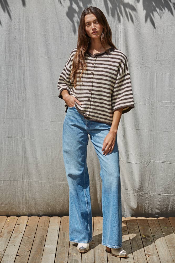 Knit Sweater Striped Quarter Sleeve Cardigan