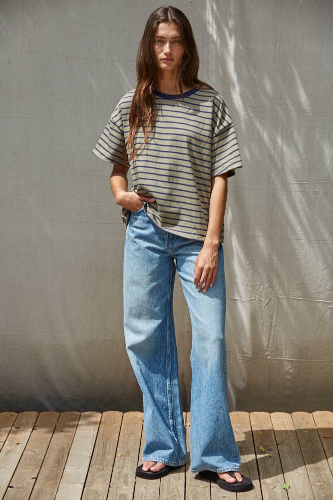 Cotton Striped Short Sleeve Crew Neck Top