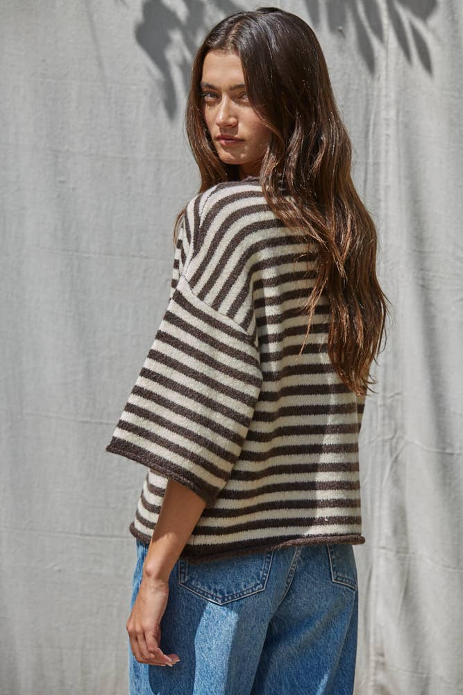 Knit Sweater Striped Quarter Sleeve Cardigan