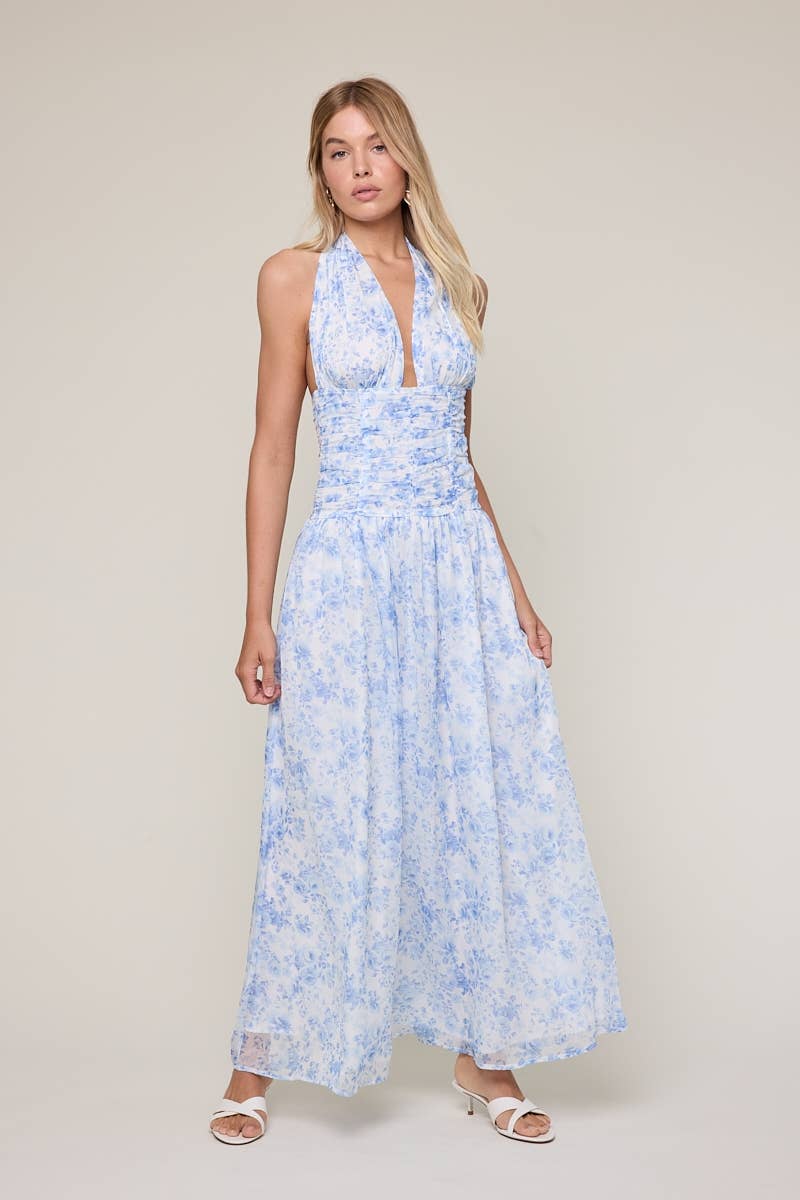 FLORAL CHIFFON HALTER MAXI DRESS