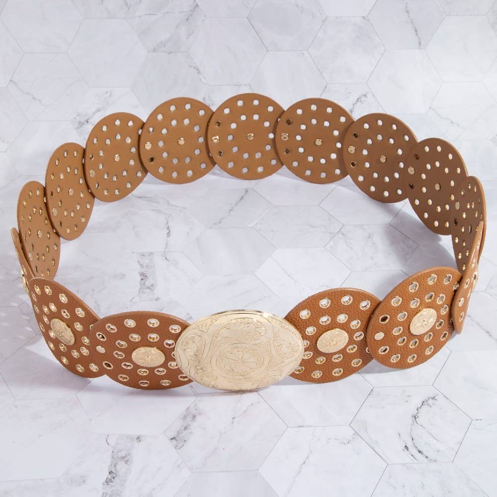 Faux Leather Grommet Disc Chain Belt