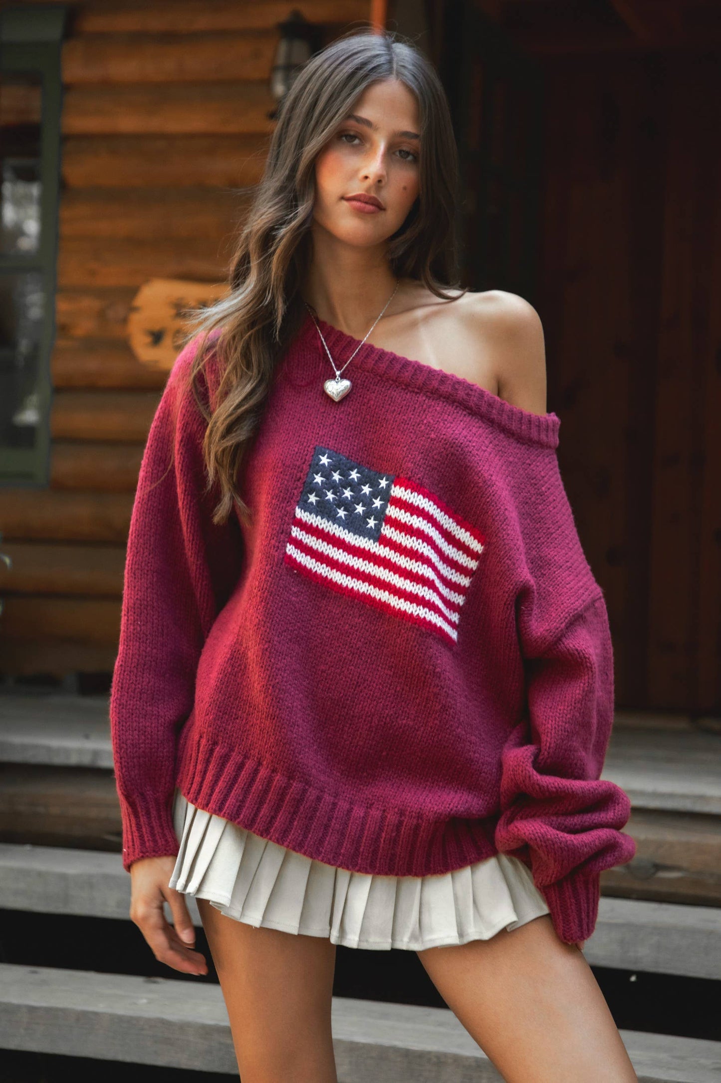 American Flag Knit Off The Shoulder Sweater