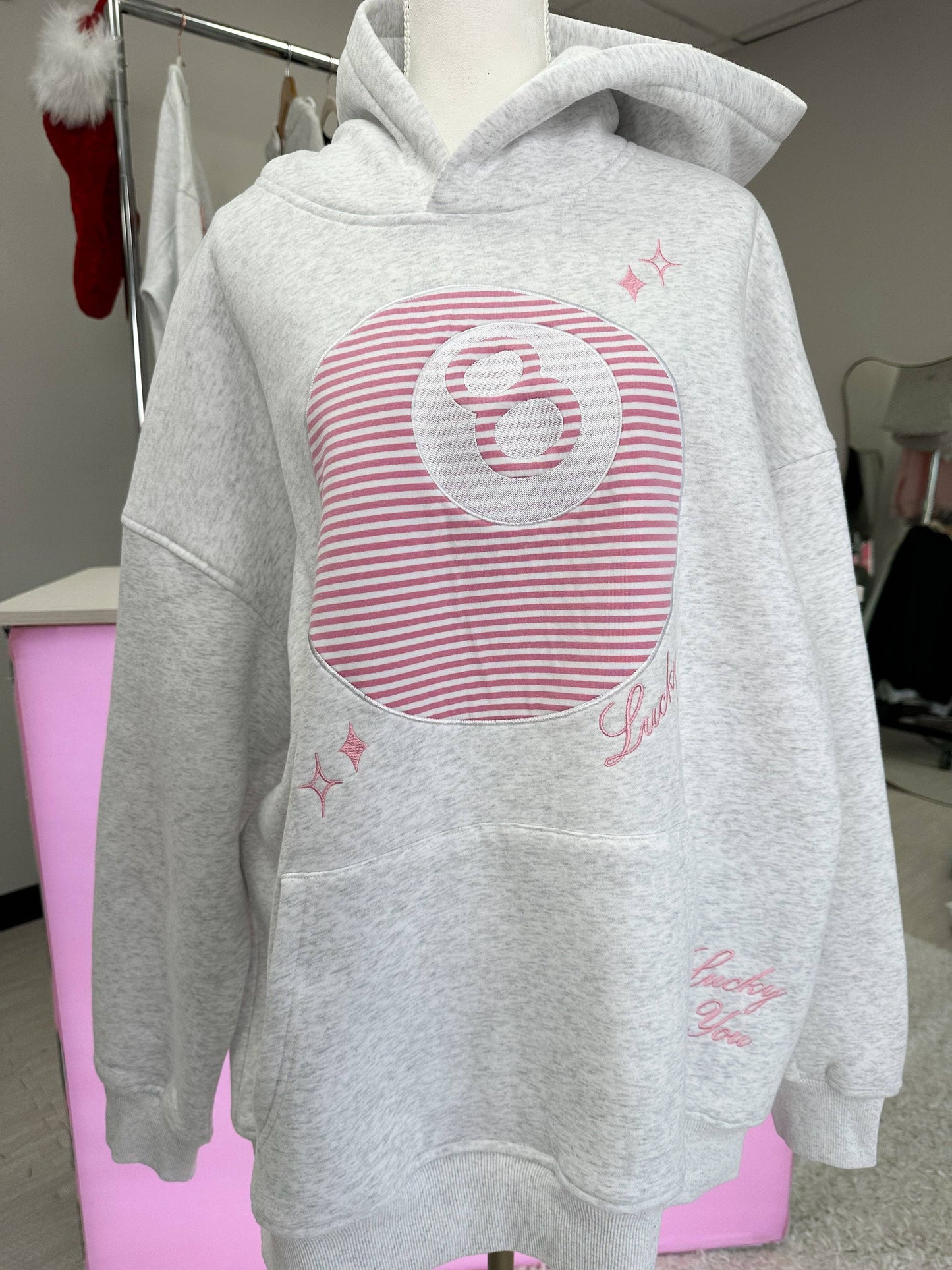 Pearl Grey Lucky You 8 Ball Embroider Hoodie