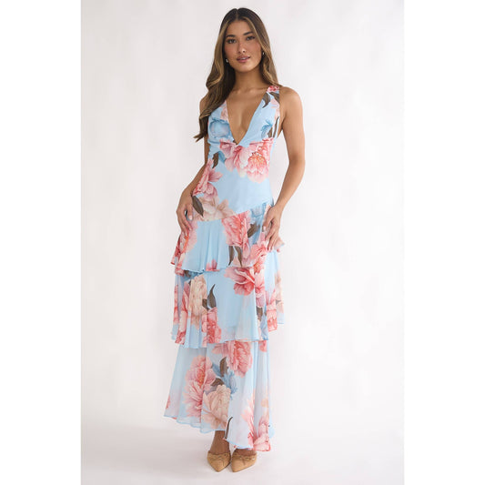Flower V-Neck Tiered Maxi Dress