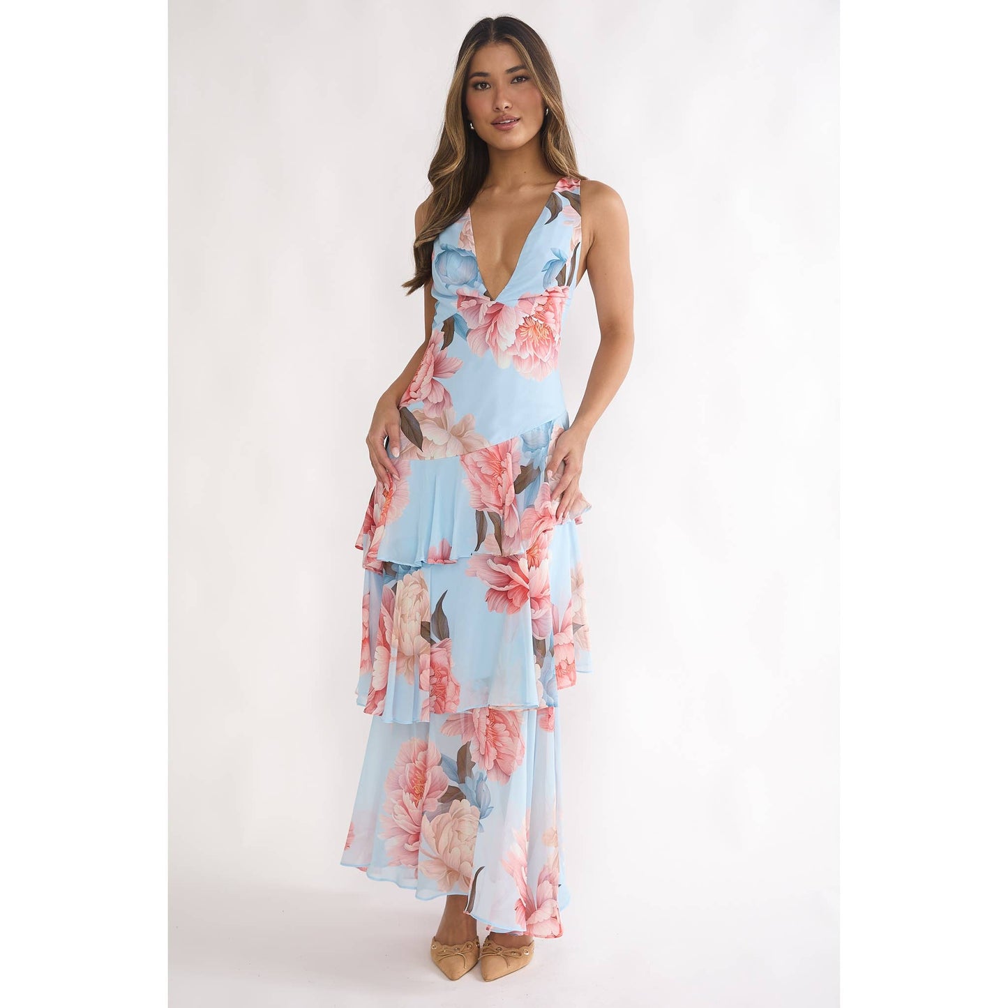 Flower V-Neck Tiered Maxi Dress