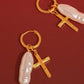 Bréline 18K Gold Non-Tarnish Cross Pearl Drop Earrings