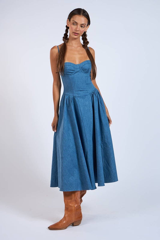 Denim Fit & Flare Midi Dress