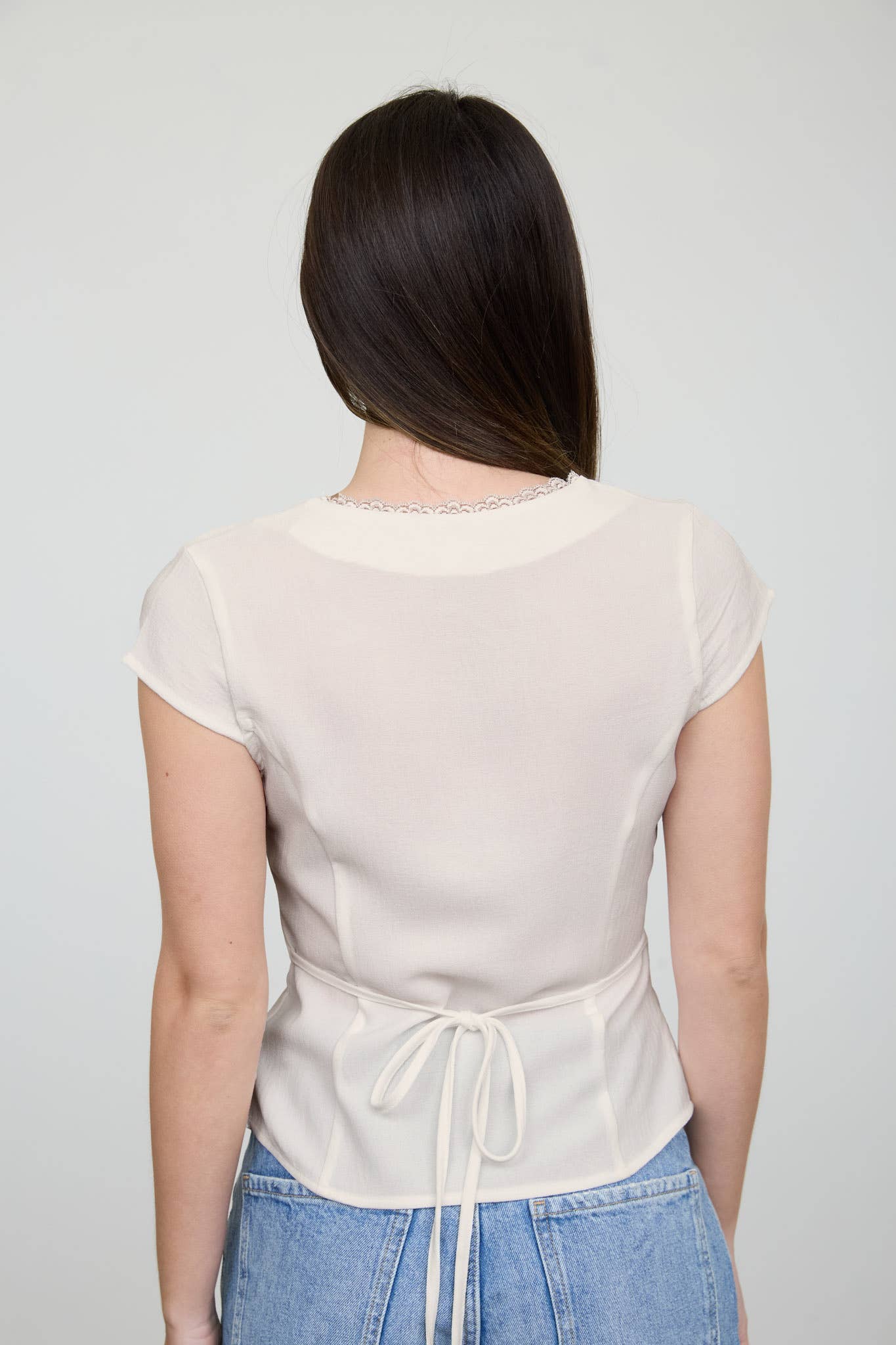 V NECK LACE TRIM BUTTON DOWN BLOUSE